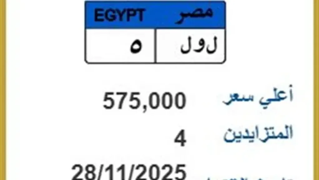 لهثٌ وراء البرستيج.. لوحة مرورية “ل و ل 5” تصل إلى 575 ألف جنيه في مزاد علني