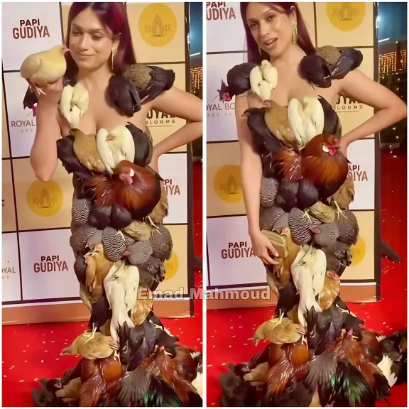 «فستان الطيور» يشعل السوشيال ميديا… إطلالة صادمة تثير الجدل: موضة ولا مزرعة دواجن متنقلة؟