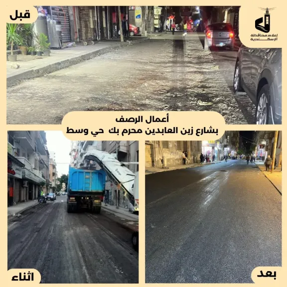 عقب جولة محافظ الإسكندرية.. الانتهاء من رصف شارع زين العابدين و5 شوارع رئيسية بحي وسط لتخفيف العبء عن المواطنين